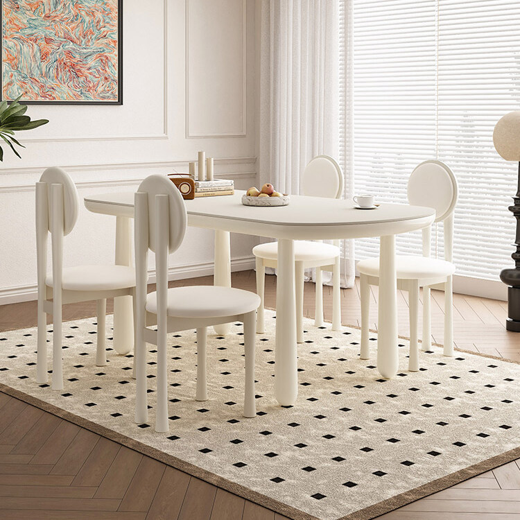 简迪法式奶油风岩板餐桌小户型家用网红餐桌椅组合长方形水滴餐桌