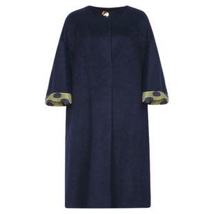 superr 新款宽松袖口拼接无领七分袖100%纯绵羊毛外套大衣女上衣