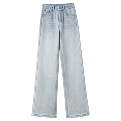浅蓝色窄版阔腿牛仔裤女春直筒裤