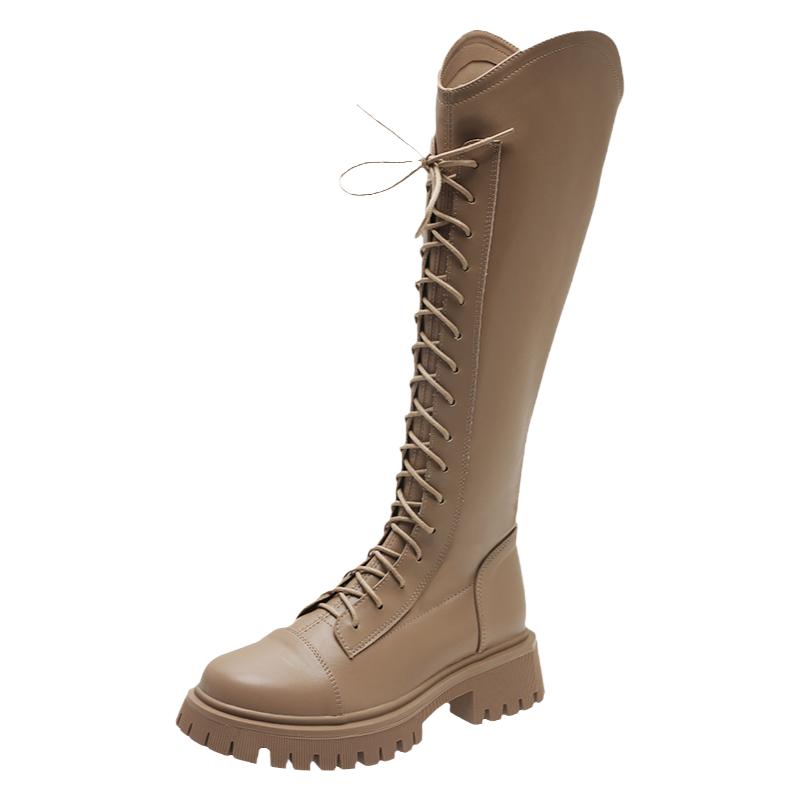 厚底棕色长筒靴v口骑士靴小粗腿长靴胖mm大筒围高筒靴大码女靴子