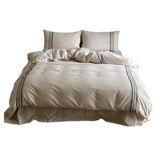 简约日式名宿风棉麻四件套| 素雅刺绣春夏复古森系文艺风床上用品