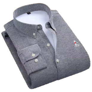 啄木鸟秋冬季加绒加厚保暖衬衫男士长袖中青年牛津纺绣花休闲衬衣