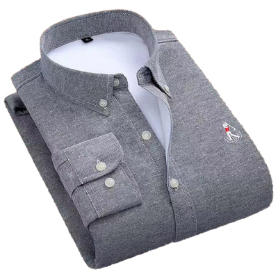 啄木鸟秋冬季加绒加厚保暖衬衫男士长袖中青年牛津纺绣花休闲衬衣