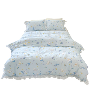 兔娜丽莎 | 原创可爱兔子碎花全棉四件套床单被套纯棉三件 少女蓝