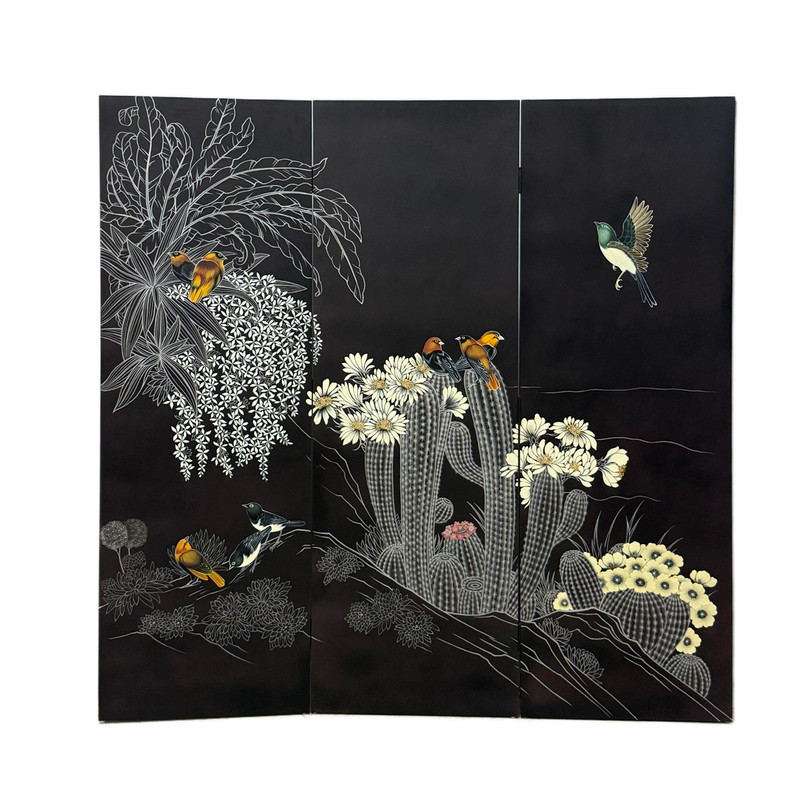 法式中古漆画折叠隔断屏风
