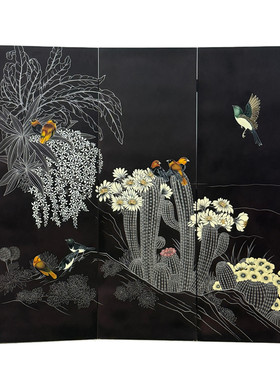 法式中古漆画折叠隔断屏风
