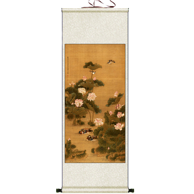 沈铨荷塘鸳鸯图仿古花鸟画丝绸画国画卷轴画酒店装饰画玄关风水画