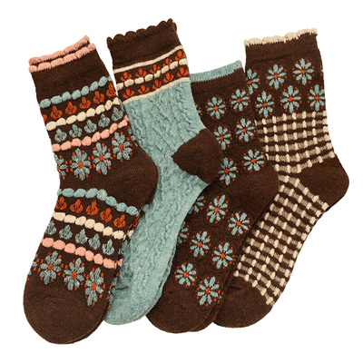 羊毛袜！加厚！秋冬中筒袜妈妈袜女小花图案保暖复古2025年新款