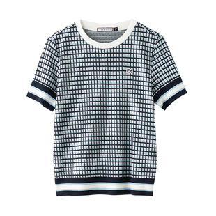 ELLE Active法式短袖上衣女夏季新款蓝色格纹t恤运动体恤衫
