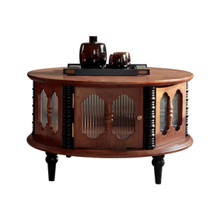 广巢达尔茶几法式复古实木圆形茶桌轻奢小户型客厅置物架储物桌A