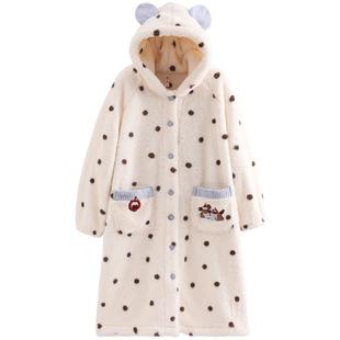 芬腾珊瑚绒连帽睡袍女加绒加厚睡衣女款秋冬季抗静电法兰绒家居服