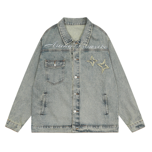 F383 2023AW国潮原创美式设计感星星贴布牛仔外套刺绣复古夹克ins