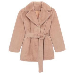 Maje Outlets春秋女装法式时尚驼色系带收腰翻领毛绒长袖大衣外套