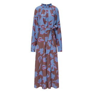 BCBG秋女装时尚流行气质花卉印花花边褶皱系带中长款连衣裙长裙