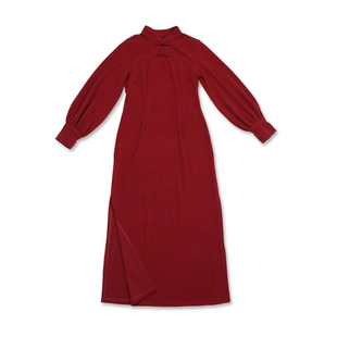 喵吉复古立领收腰改良旗袍裙开叉裙长袖打底红色连衣裙长裙女春秋