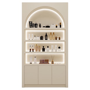 烤漆奶油风化妆品店陈列柜定制展示柜护肤品直播间美容院产品展柜