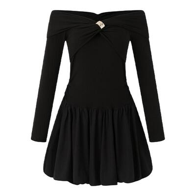 EIMISMOSOL女士蝴蝶结一字肩针梭拼连衣裙银泰百货 301489