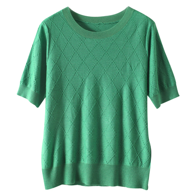 短袖宽松玻璃菱形针织超细羊毛女