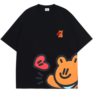 田嘉瑞同款GUUKA&Agaho联名小熊短袖T恤男重磅潮夏季半袖上衣宽松