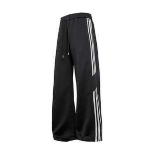 美式vibe休闲风条纹拼接阔腿裤青少年秋冬季加绒保暖宽松直筒卫裤