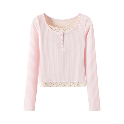 纯欲风碎花假两件u领长袖打底衫