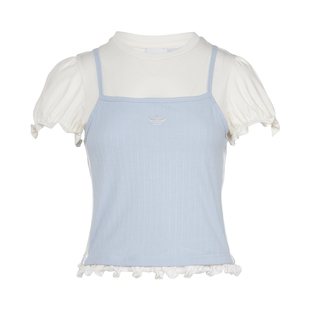 宋雨琦同款经典泡泡袖T恤 假两件短袖上衣女adidas阿迪达斯三叶草