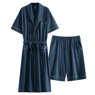 【柔感】睡衣男士睡袍男款浴袍式大衣夏款夏季薄款纯棉短袖两件套