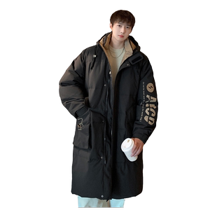 冬款青少年90白鸭绒羽绒服男孩中长款连帽帅气加厚棉袄学生棉衣服