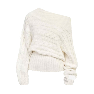 田曦薇同款白色一字肩宽松绞花针织衫女氛围感慵懒风长袖斜肩毛衣