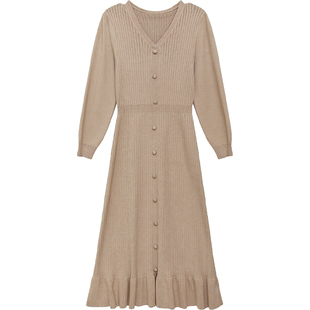 DM100大码百分百女装微胖mm冬季百搭修身显瘦V领荷叶边针织连衣裙