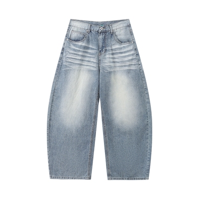 江南先生NewJNXS重磅斜纹压褶猫须牛仔裤春浅色水洗直筒长裤男女