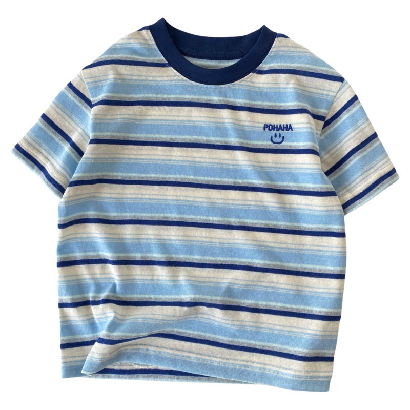 告别出汗黏腻感/肉眼可见的透气孔 男童夏季亲肤条纹短袖T恤