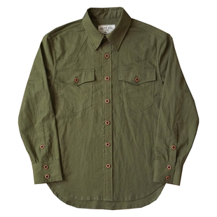 美式复古棉麻薄款西部衬衫原麻色军绿色宽松亲肤透气长袖打底衫