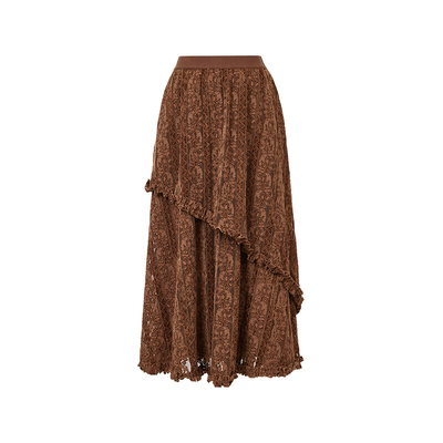 .e1设计师品牌 25冬 植绒不规则蕾丝花边抽褶半身裙A字显瘦长裙