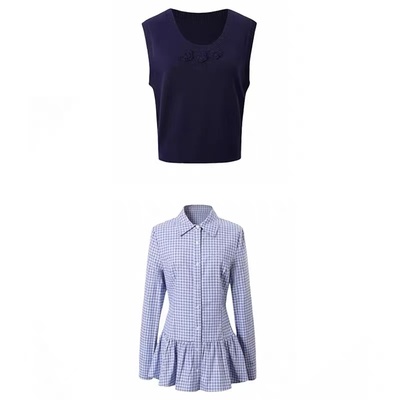 韩系春秋新款花朵马甲衬衫两件套