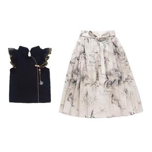 小黄鸭2025新款女童短袖裙子两件套水墨画马面裙套装夏新中式国风