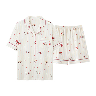 古今26夏季新款女士家居服短袖短裤棉质翻领睡衣套装休闲可爱印花