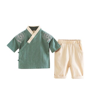 儿童汉服男童交领上衣夏季薄款日常国风服装汉服短袖棉麻套装