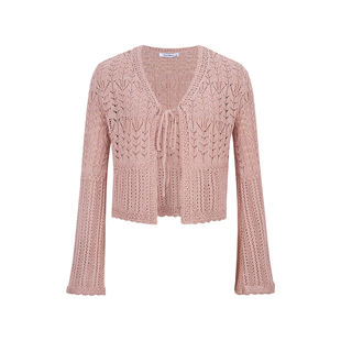 MosesQueen魔西女王粉色缕空针织开衫外套设计感系带短款罩衫上衣