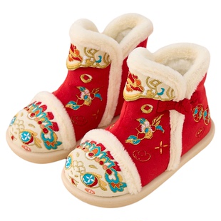 女童汉服鞋冬儿童古风绣花鞋加绒加厚老北京布鞋宝宝古装保暖棉靴
