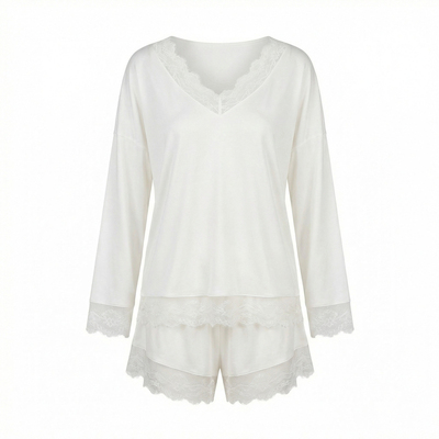 今夕何夕性感蕾丝边睡衣女设计感宽松家居服套装长袖莫代尔两件套