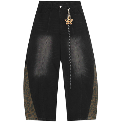 原创美式迷彩拼接水洗弯刀牛仔裤