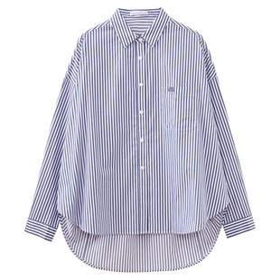 水云间蓝色条纹牛津衬衫外套女士长袖衬衣纯棉智性知识分子风2025