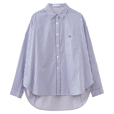 水云间蓝色条纹牛津衬衫外套女士长袖衬衣纯棉智性知识分子风2025