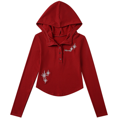 刺绣连帽短款长袖T恤女打底衫潮