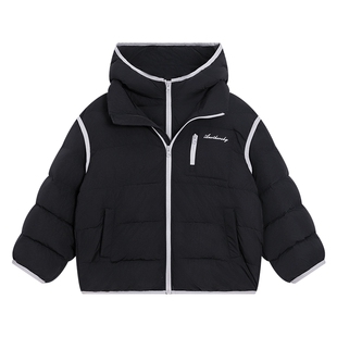 男童冬装假两件黑色防水面包羽绒服2025新款儿童免洗防寒连帽外套