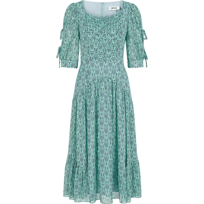 钻石领短袖印花中长连衣裙