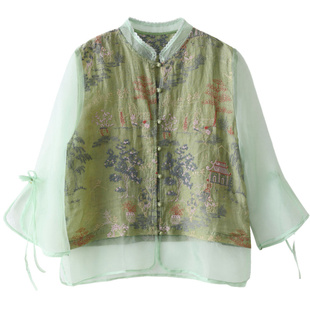 绿素棉 仙气飘飘 梦幻刺绣轻纱苎麻上衣 女新款新中式唐装衬衫 夏