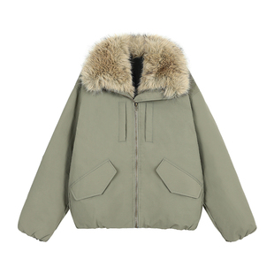 pusumede 白露落霜 仿皮草毛领羽绒服女宽松保暖高领白鸭绒外套