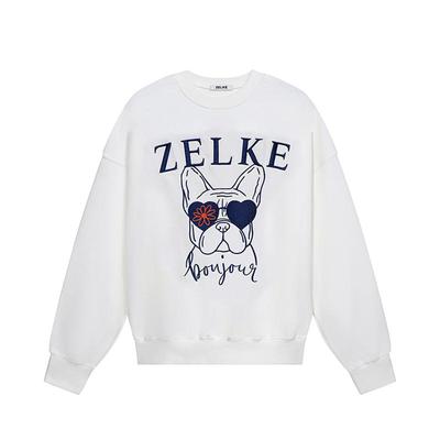 ZELKE新款斗牛犬刺绣灰色女卫衣